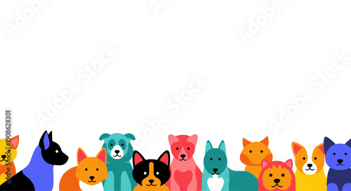 Vibrant Group of Diverse Cartoon Dogs with Copy Space