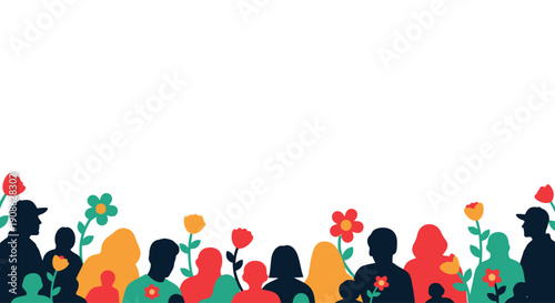 Diverse People Silhouettes with Flowers and Copy Space