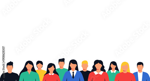 Diverse group of people standing together, flat illustration with copy space