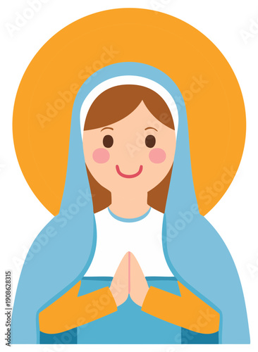 Cartoon depiction of Mother Mary wearing a blue veil and halo, in prayer.