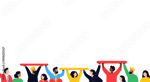 Diverse group of people holding up colorful bars, teamwork and support concept, flat illustration