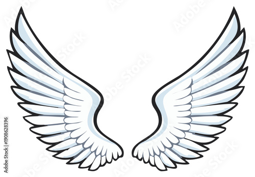 Bright white feathered wings stylized graphic design element freedom spirituality symbol concept