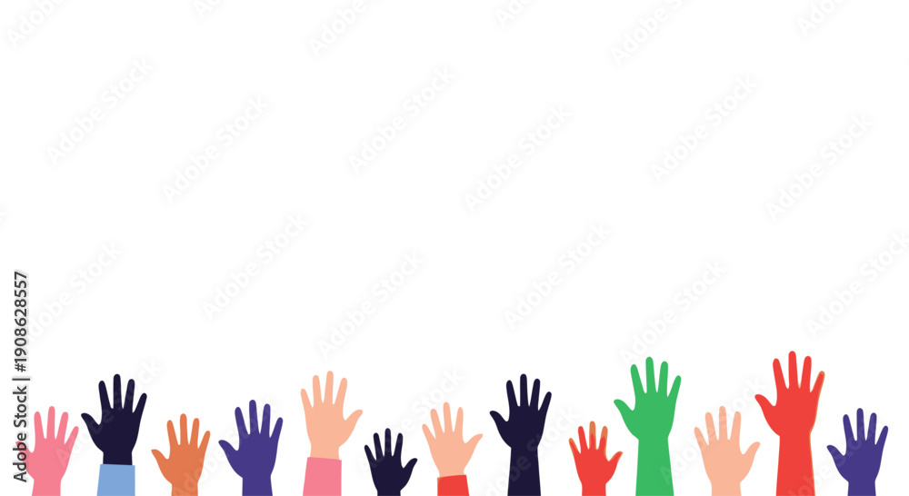 Fototapeta premium Diverse Hands Raised Upward - Community, Voting, Volunteering, and Support Concept