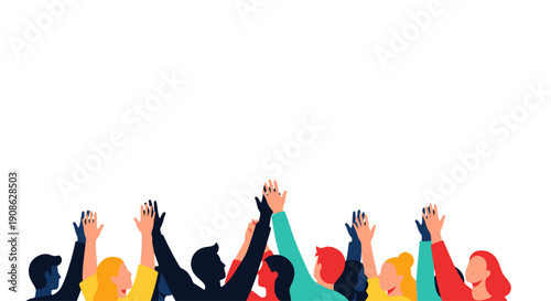 Diverse group of people raising hands in celebration, community, unity, flat illustration with copy space
