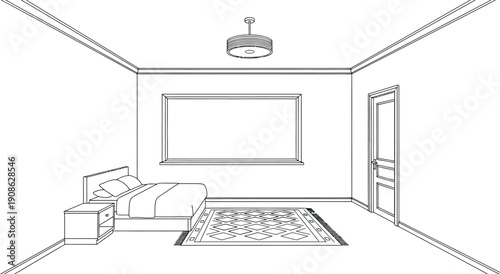 Simple line art drawing of an empty modern bedroom interior featuring a large window view of a city skyline awaiting color and design.
