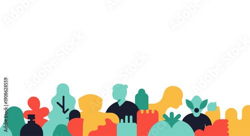 Diverse abstract figures and shapes in bright colors with copy space