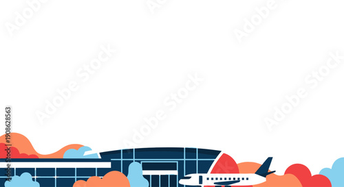 Modern Airport Terminal Building with Airplane and Cloud Elements, Flat Illustration