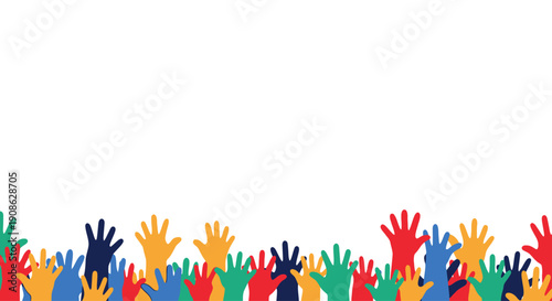 Diverse Hands Raised Up, Colorful Crowd Voting, Unity, Teamwork, Community, Copy Space