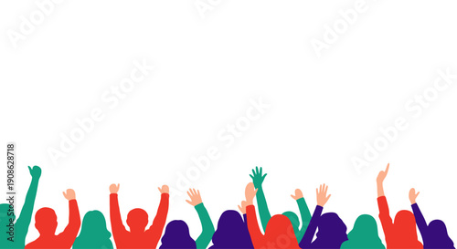 Diverse Crowd Cheering with Raised Hands - Flat Illustration with Copy Space