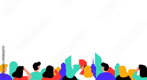 Diverse crowd looking at abstract cityscape, copy space