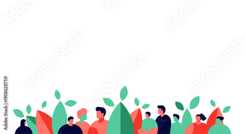 Diverse Group of People Among Green Leaves and Coral Plants