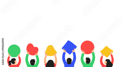 Diverse people holding colorful geometric shapes and heart, celebrating unity and ideas