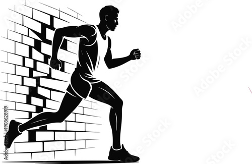 Runner Breaking Wall Silhouette Motivation Success Fitness Sport Vector
