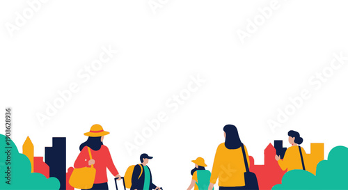 People traveling with luggage in a city, flat illustration with copy space