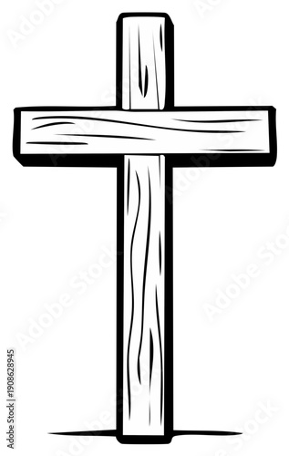 Simple Wooden Cross Icon Illustration with Rough Texture and Shadow