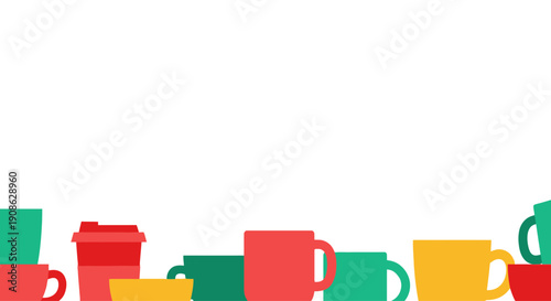 Colorful Coffee Cups Collection on White Background, Flat Illustration with Copy Space