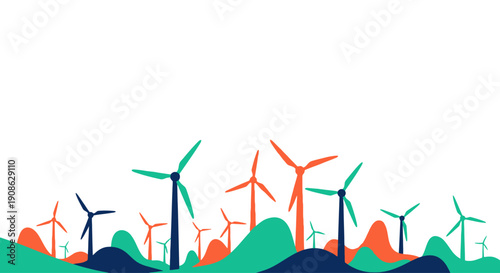 Wind Turbines on Rolling Hills - Renewable Energy Flat Illustration with Copy Space