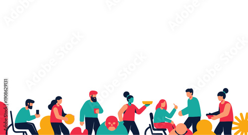 Diverse People Gathering and Socializing, Flat Illustration with Copy Space