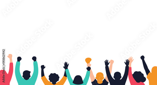 Diverse People Celebrating with Raised Hands - Flat Illustration with Copy Space