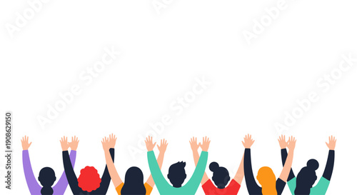Diverse group of people raising hands up, celebrating success, isolated on white background