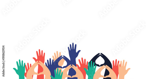 Diverse Hands Forming Heart Shapes, Unity and Love Concept, Flat Illustration