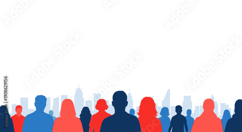 Crowd Silhouette with Cityscape Background - Blue and Red Figures