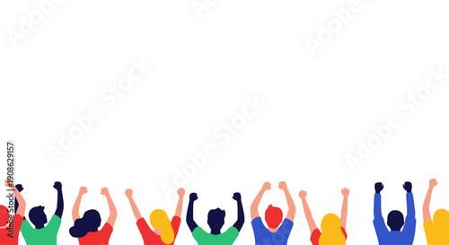 Diverse group of people cheering with raised hands on white background, flat illustration
