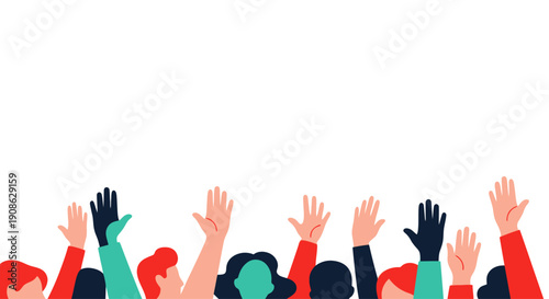 Diverse group of hands raised in celebration, unity, and participation.