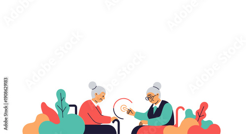 Elderly Couple Interacting with Digital Interface, Modern Technology for Seniors, Flat Style