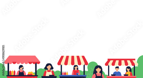 Street Food Vendors with Stalls and Customers, Flat Illustration, Copy Space