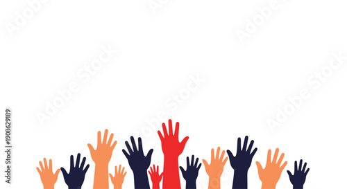 Diverse hands raised in the air, symbolizing voting, participation, and community on white background