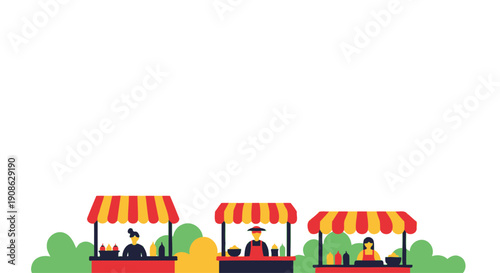 Street Food Market Scene with Stalls and Vendors, Flat Illustration with Copy Space