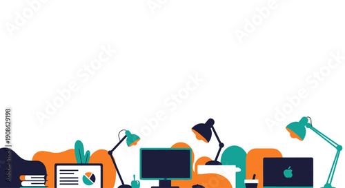 Modern Office Workspace with Laptops, Monitors, and Desk Lamps