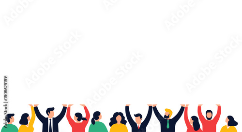 Diverse people holding up hands in unity, flat illustration with copy space