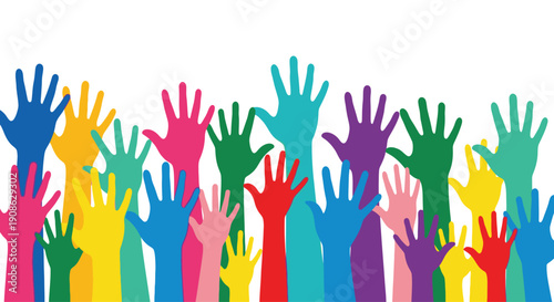 Colorful Hands Up, Diverse Group Voting or Volunteering