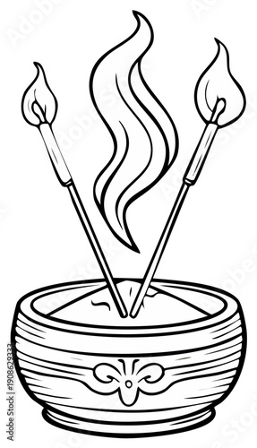 Three lit incense sticks burning in a decorative bowl with smoke