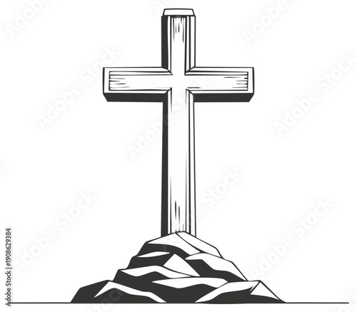 Wood Cross on Rocks Illustration Sketch Christianity Symbol Faith Hope Religion
