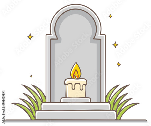Burning candle inside a tombstone with grass and stars, representing remembrance and spiritual illumination.