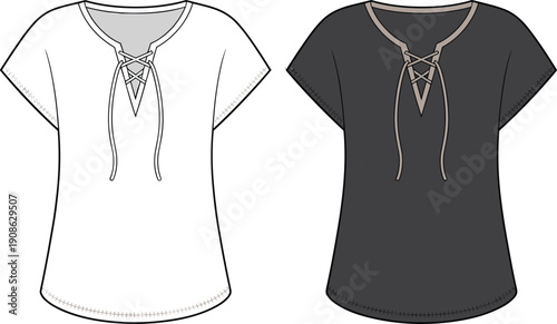 Women lace up neckline short sleeve top vector illustration, front view casual blouse with drawstring detail, modern minimalist fashion apparel design