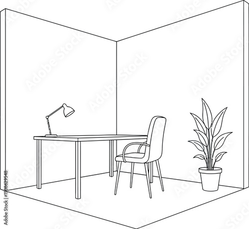 Minimalist isometric outline drawing depicts an empty modern home office corner featuring a simple desk chair adjustable lamp and potted houseplant creating a clean workspace concept