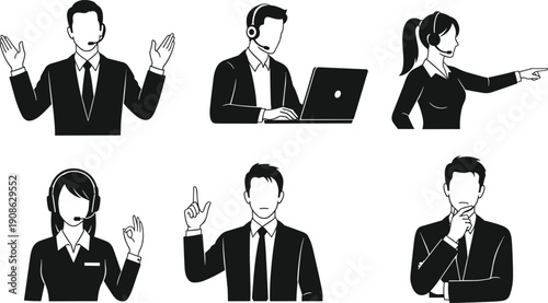 Call center customer service icons set featuring professional agents with headsets working on laptops providing technical support and corporate communication silhouettes vector illustration