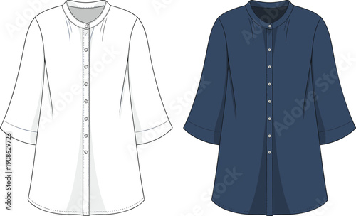 Womens long sleeve button blouse vector illustration, relaxed fit tunic shirt with round neckline, modern casual fashion apparel design