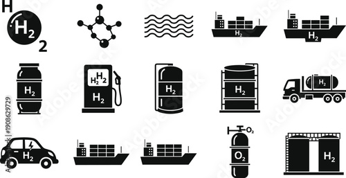 Hydrogen energy icons set featuring green fuel technology, H2 storage tanks, transport ships, fueling station, eco friendly vehicle, and renewable power symbols,
