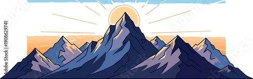 Majestic mountain range peaks illuminated by a bright rising sun creating a beautiful stylized natural landscape illustration perfect for adventure themes