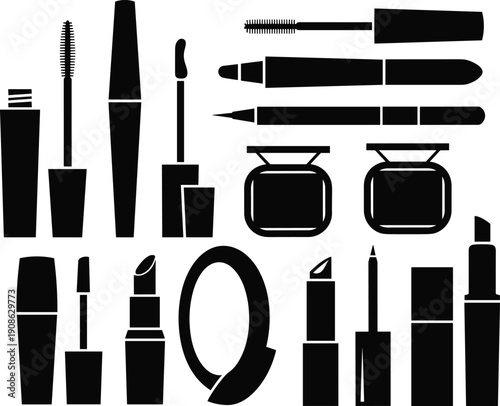 Professional makeup and beauty product silhouettes set featuring mascara lipstick eyeliner lip gloss and powder compact for cosmetic branding and fashion vector illustrations