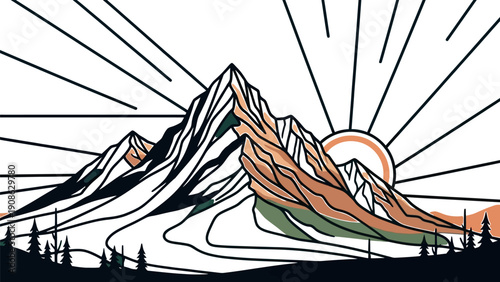 Majestic stylized mountain peak illuminated by the rising sun in a vintage retro design with striking layered colors and bold black outlines perfect for adventure themes