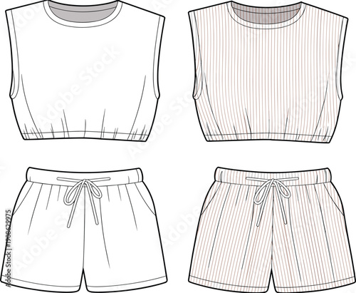 Womens sleeveless top and shorts set vector illustration, casual summer matching outfit, striped and solid fashion apparel design