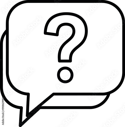 Simple black line art icon depicting a question mark inside a speech bubble symbolizing frequently asked questions support or needing assistance
