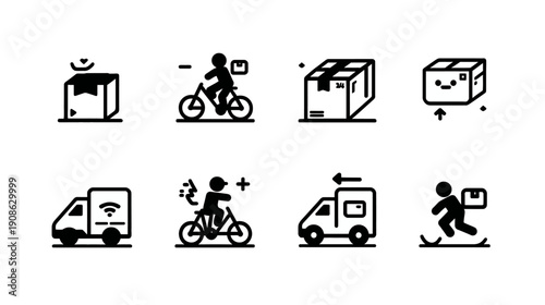 Minimalist black icons for delivery, shipping, logistics, and e-commerce services. Includes parcel tracking, express courier, truck, bicycle, and package symbols.