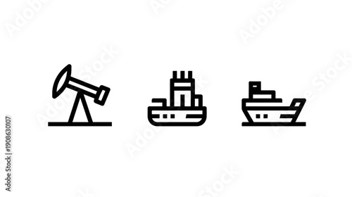 Simple Line Icons for Oil Industry and Maritime Transport: Derrick, Cargo Ship, and Ocean Vessel